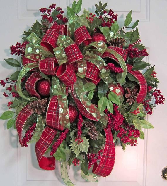 Outdoor Christmas Ribbon
 XL Gorgeous Christmas Door Wreath Outdoor by LadybugWreaths