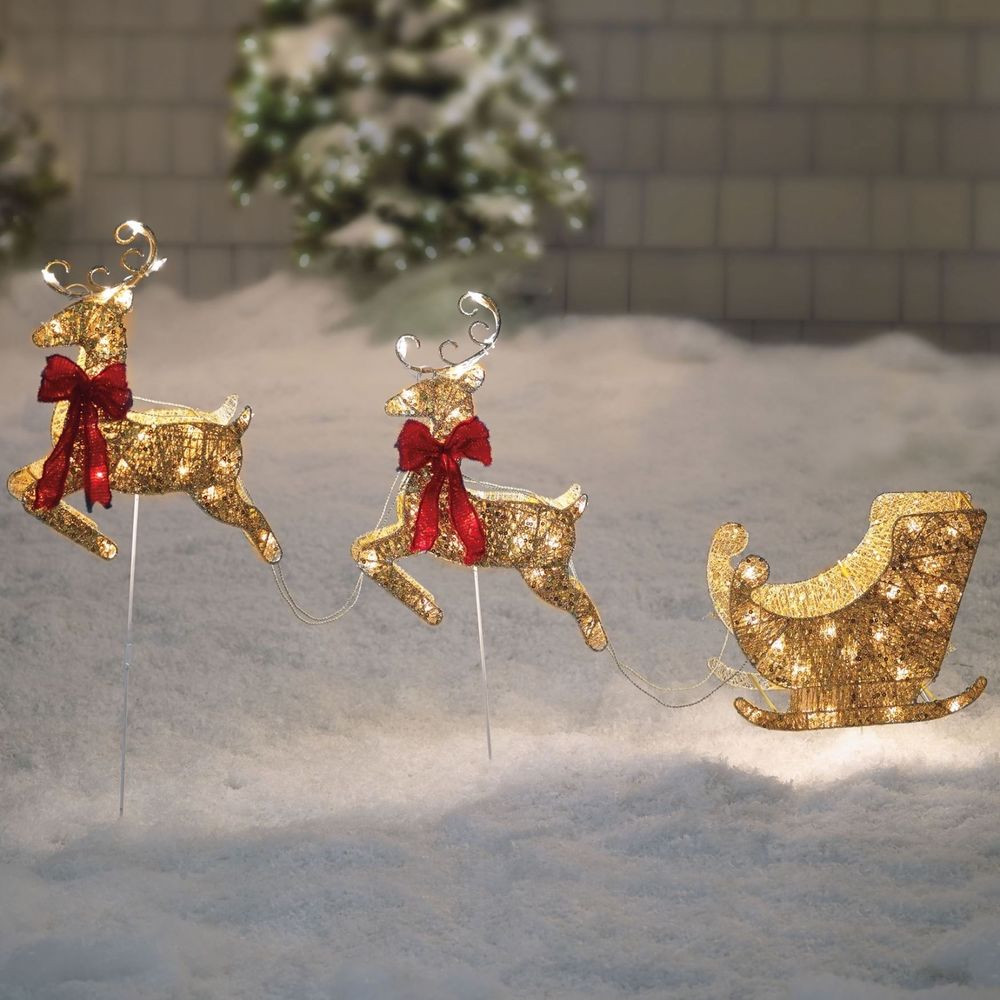 Outdoor Christmas Sleigh
 Santa Sleigh and Reindeer Gold Pre Lit Holiday Christmas