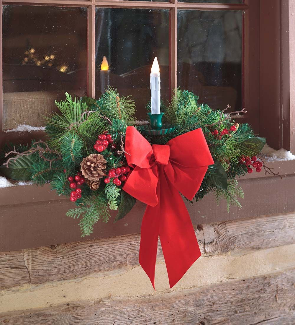 Outdoor Christmas Window Swags
 Holiday Window Swag with Candle