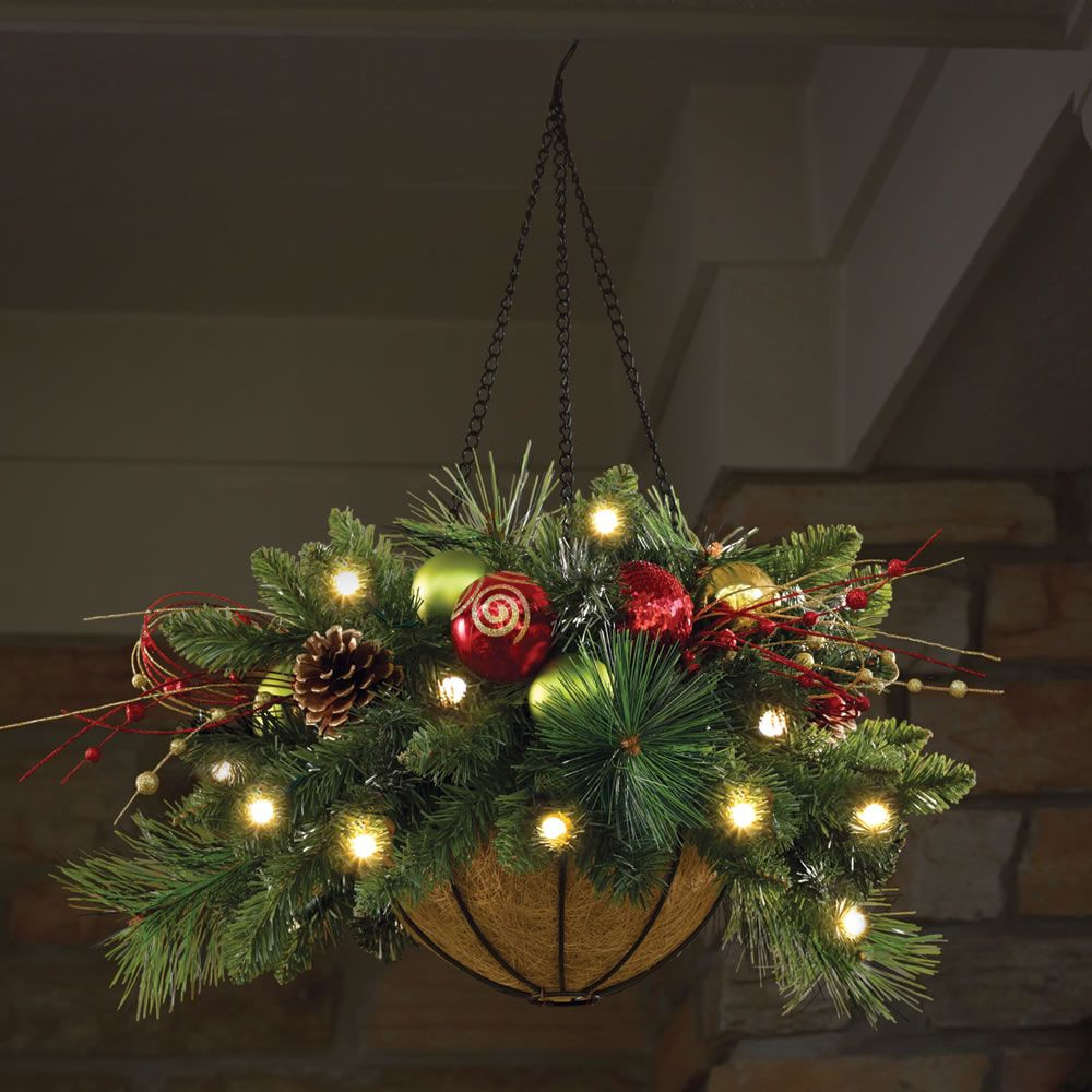 Outdoor Hanging Christmas Decorations
 Cordless Pre Lit CHRISTMAS HANGING BASKET 24" dia Holiday