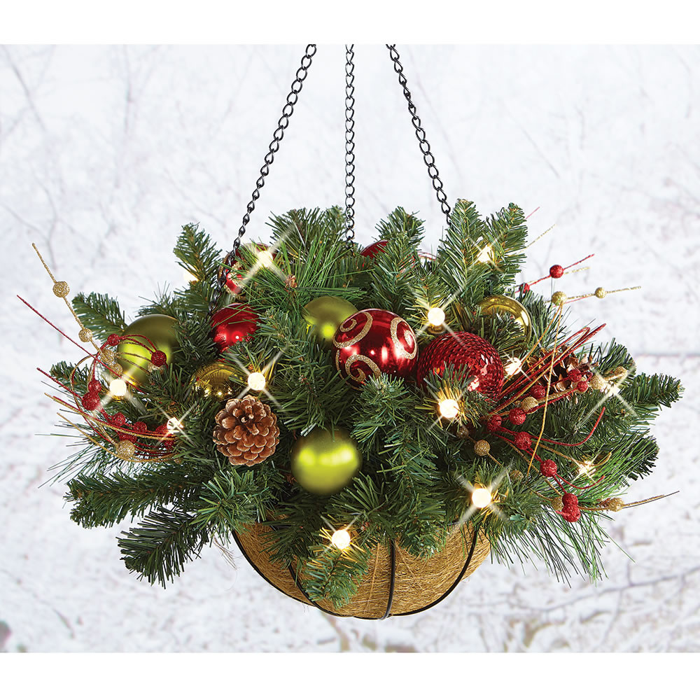 Outdoor Hanging Christmas Decorations
 Cordless Pre Lit CHRISTMAS HANGING BASKET 24" dia Holiday