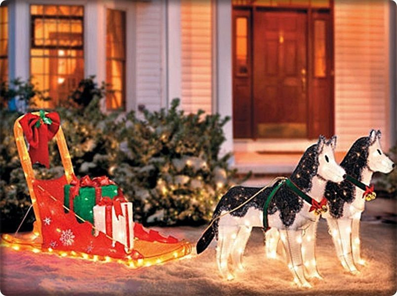 Outdoor Lighted Dog Christmas Decorations
 Artic Scene 2 Siberian Huskies Pulling Sled Lighted