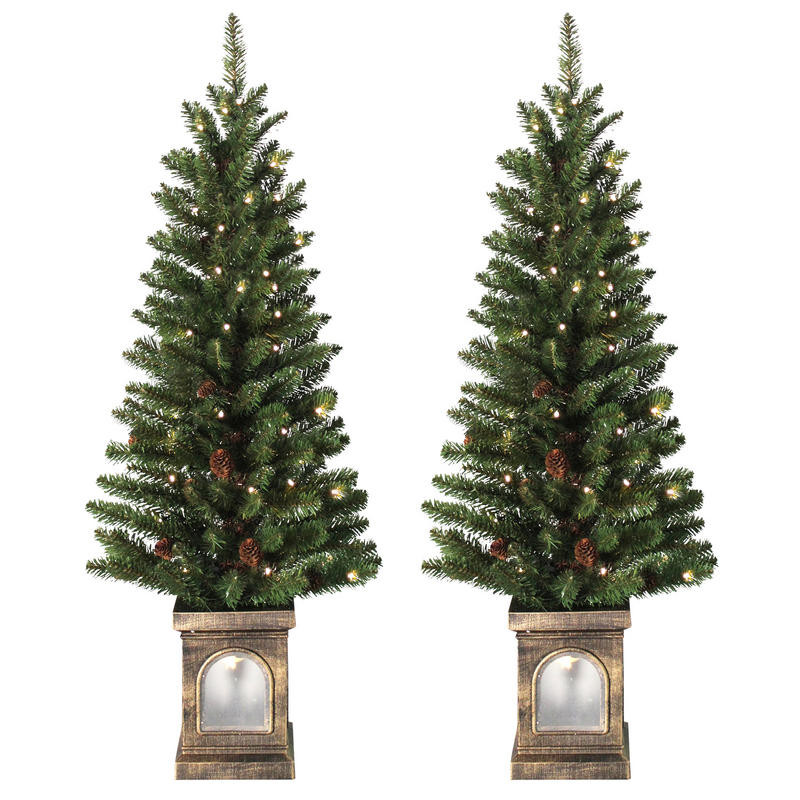 Prelit Porch Christmas Trees
 Battery Operated Set 2 Pre Lit 4ft 120cm Green Xmas