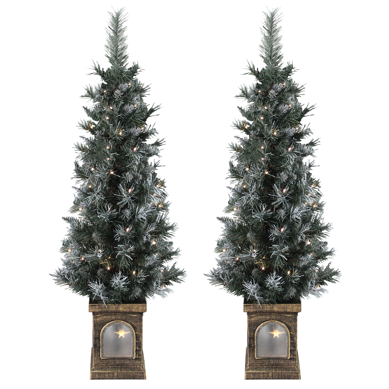 Prelit Porch Christmas Trees
 Set 2 Pre Lit 4ft 120cm Frosted Christmas Xmas