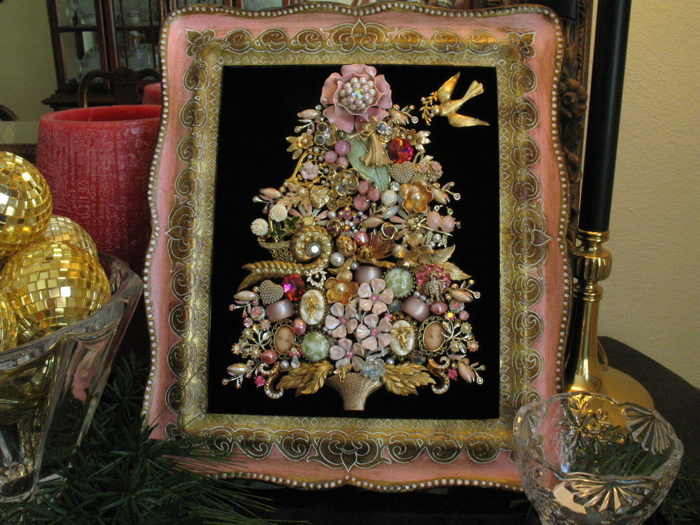 Shabby Chic Christmas Trees
 Framed Vintage Jewelry Christmas Tree Art Shabby Chic Pink