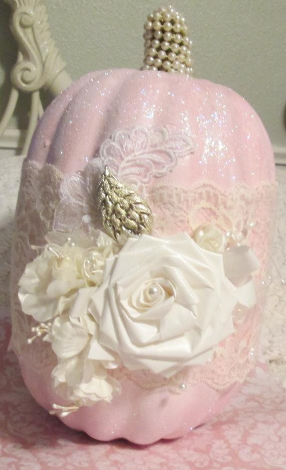 Shabby Chic Fall Decor
 Pink Shabby Chic Pumpkin with Lace Pearls and Vintage Jewelry