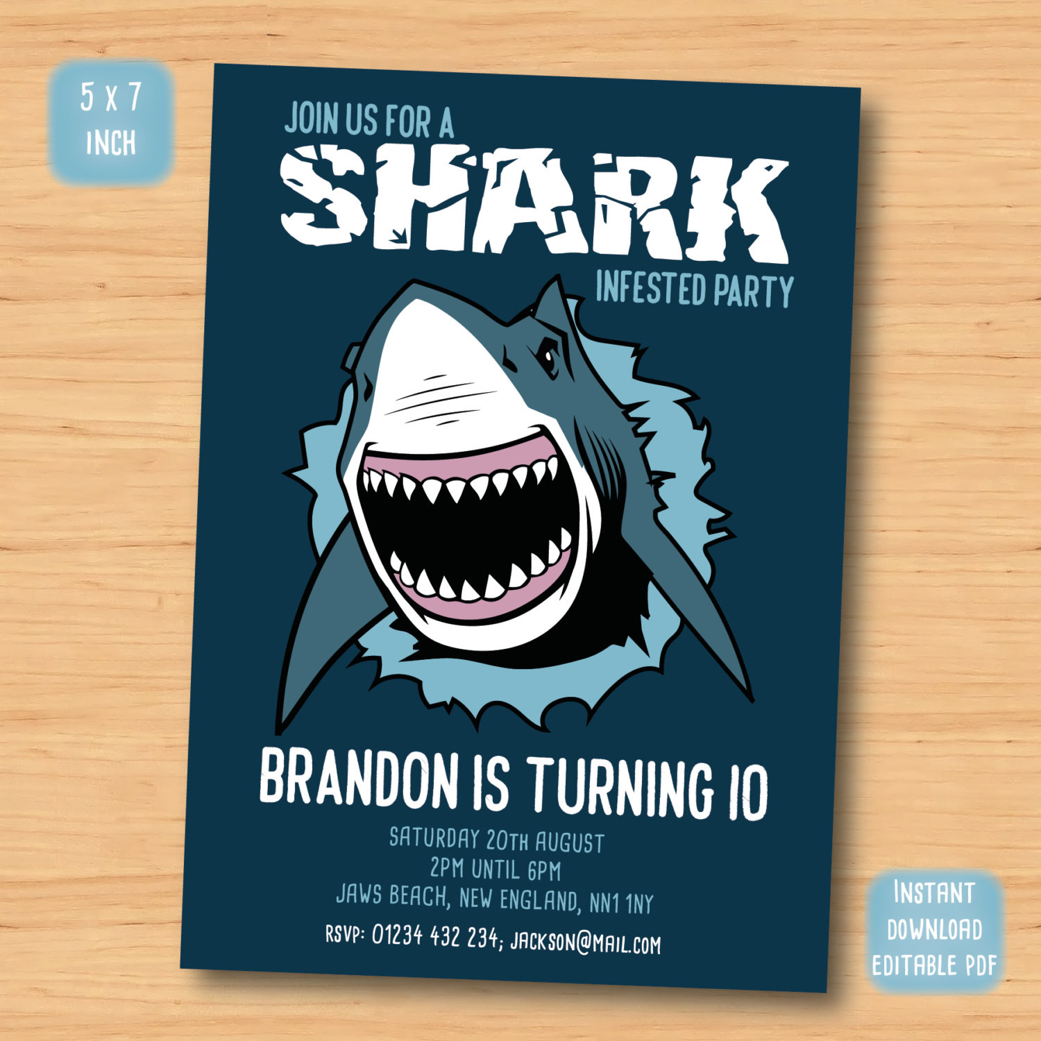 Shark Birthday Invitations
 Shark birthday invitation SELF EDITABLE PDF 5 x 7 inch