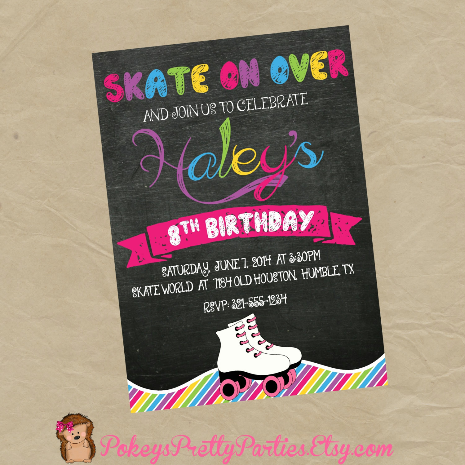 Skating Birthday Party Invitations
 Roller Skating Birthday Party Invitation Digital or Printed