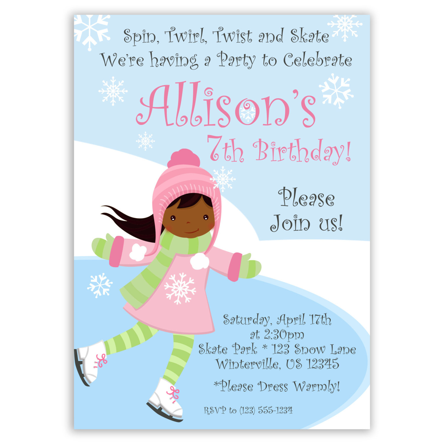 Skating Birthday Party Invitations
 Ice Skating Invitation Frozen Winter Pond and Snow Cute