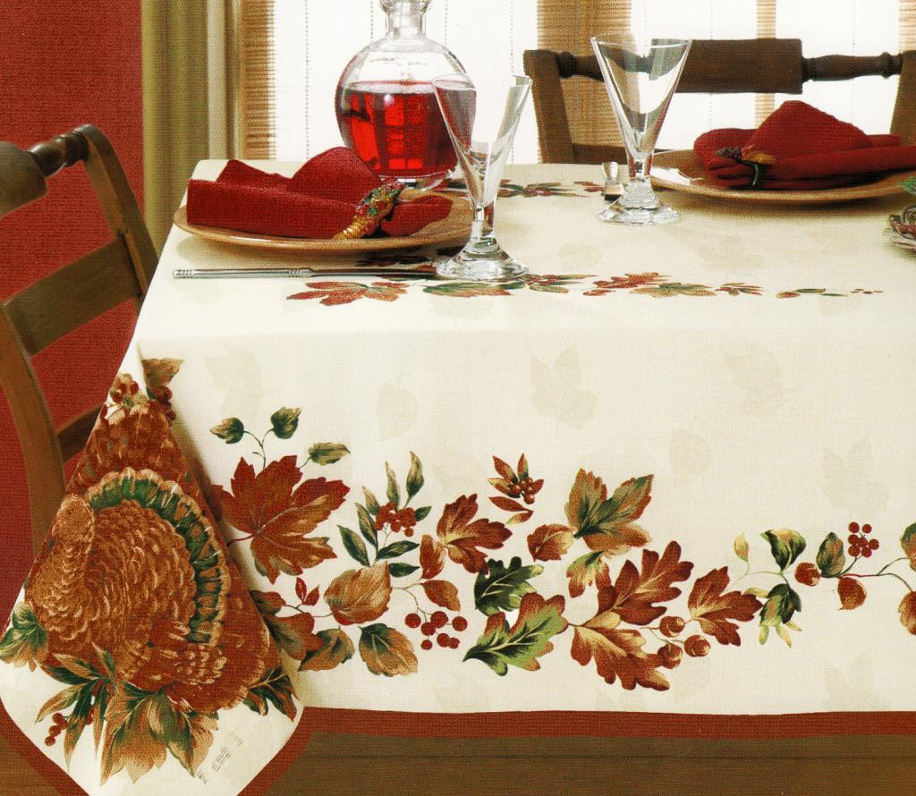 Thanksgiving Table Cloth
 Thanksgiving Harvest Turkey Leaves White Damask Fall