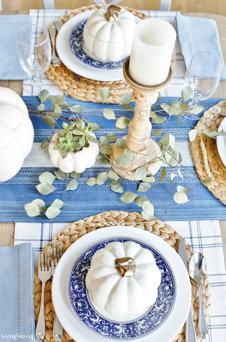 Thanksgiving Table Setting Ideas
 A Blue and White Thanksgiving Table Sand and Sisal