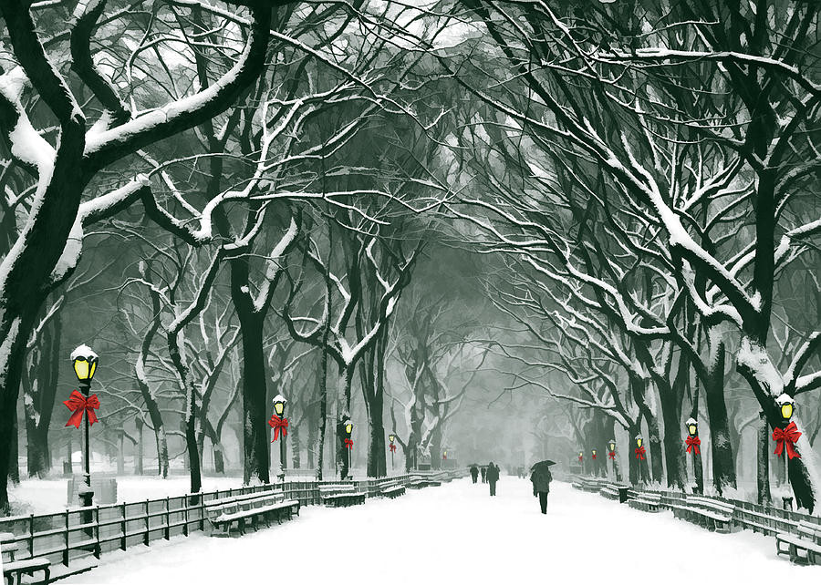 The Christmas Path
 Central Park Snowy Path At Christmas Painting by Elaine